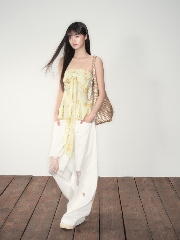 White Lace Splicing Denim Wide-Leg Pants
