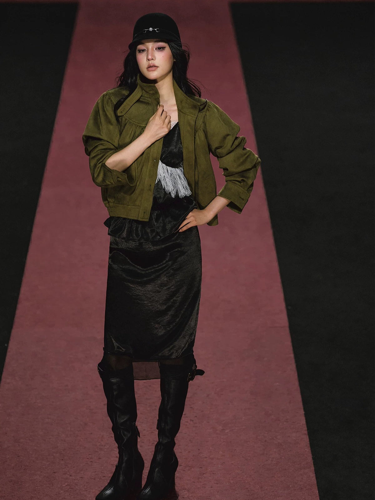 Ruched Stand Collar Faux Suede Jacket