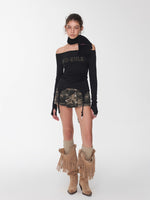 Garter Rhinestone Ruched Knit Top
