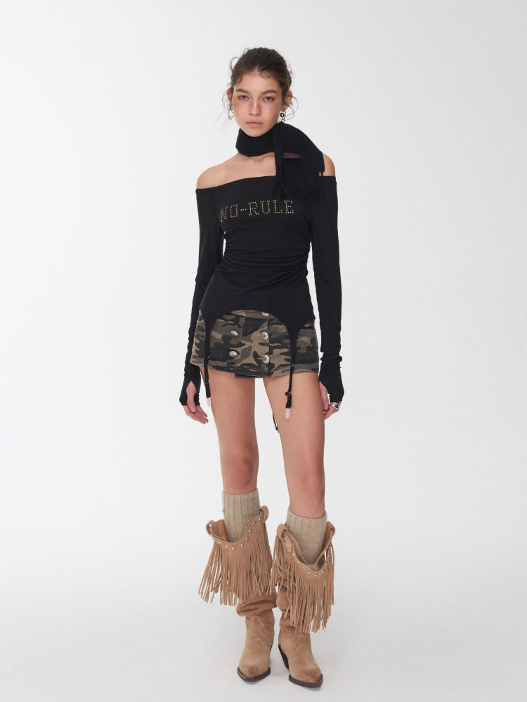 Garter Rhinestone Ruched Knit Top