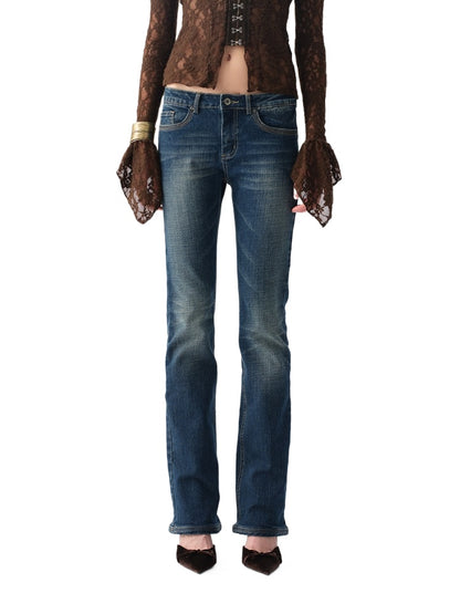 Vintage Wash Whisker Slim Straight Jeans