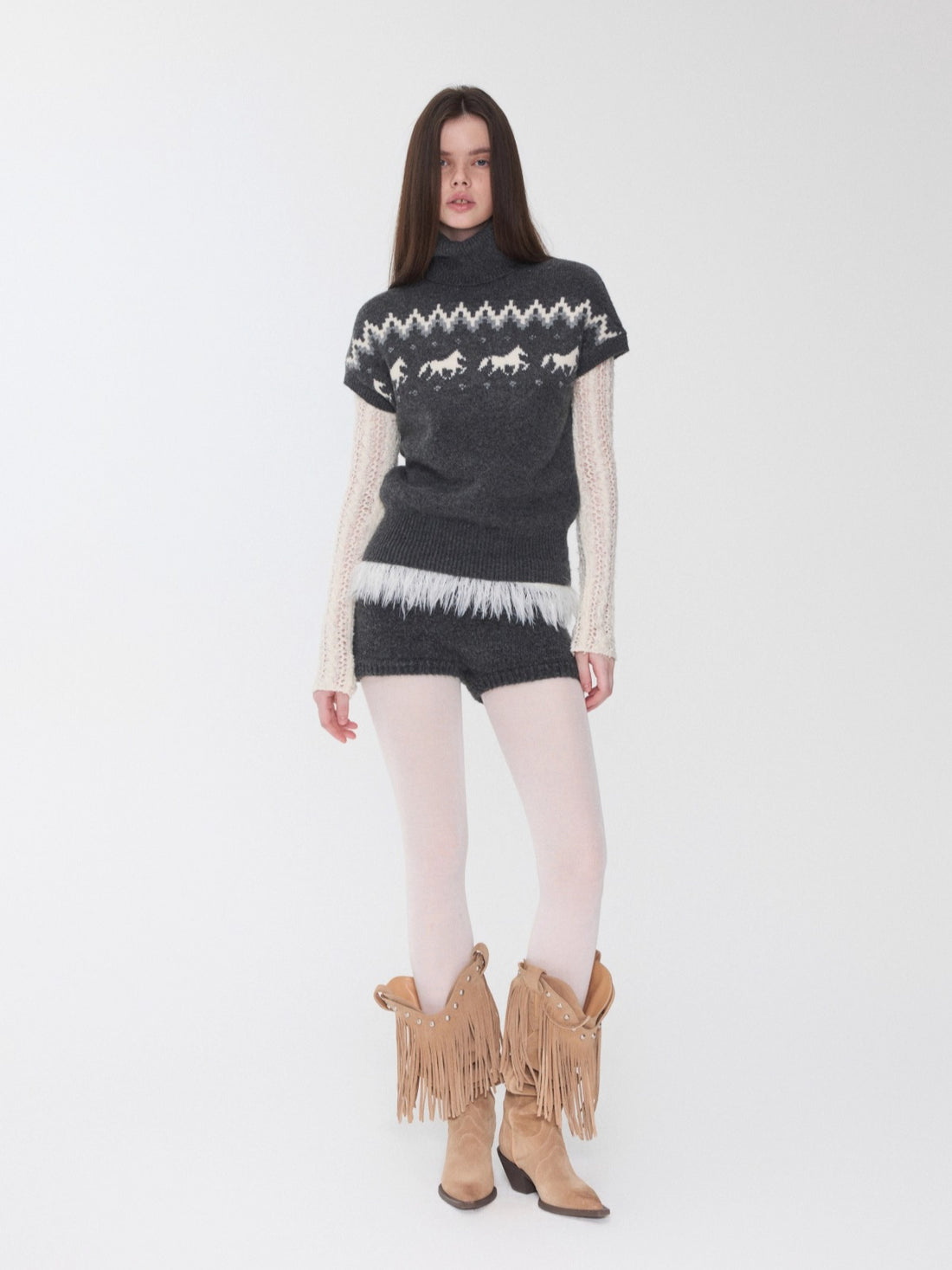 Fair Isle Pony Jacquard Turtleneck Knit Sweater