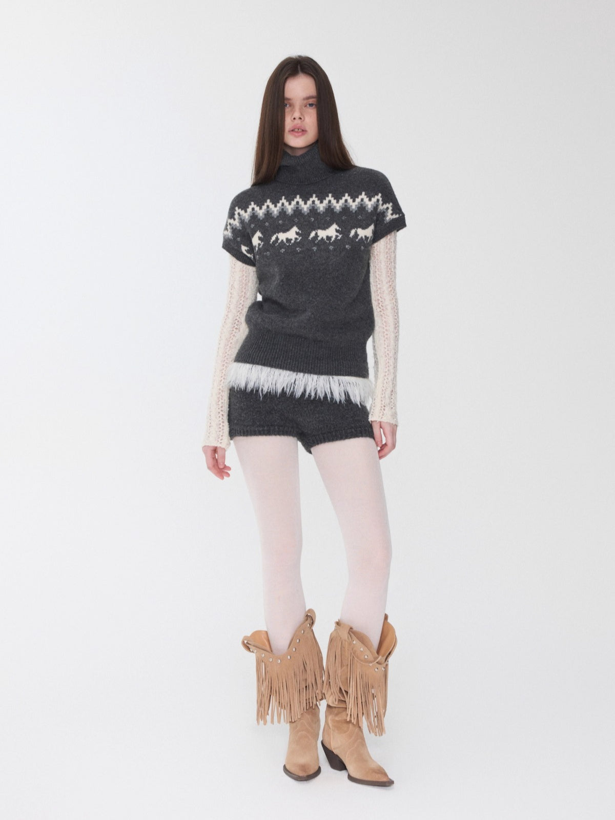 Fair Isle Pony Jacquard Turtleneck Knit Sweater