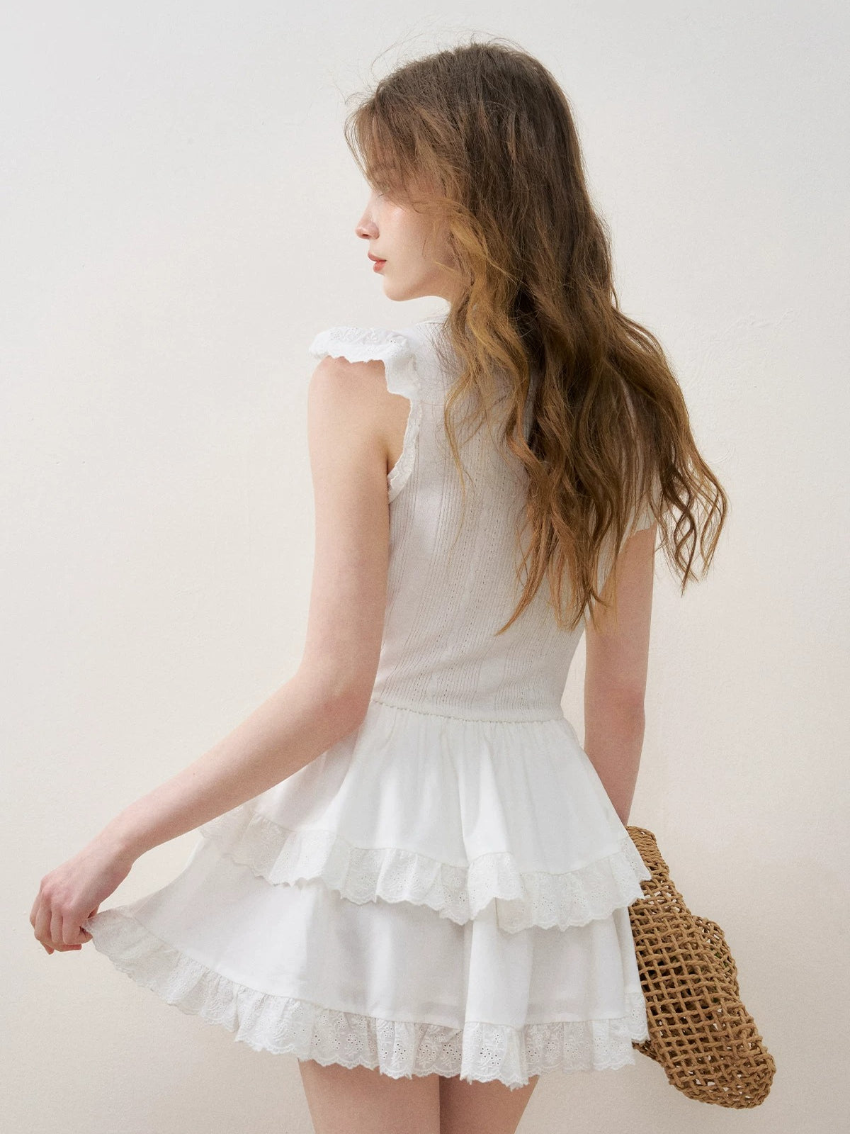 Lace Trim Flutter Sleeve Mini Dress