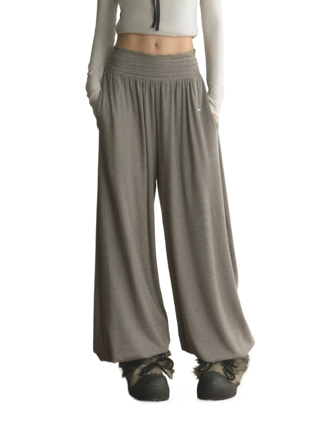 Lace Trim High Waisted Balloon Pants
