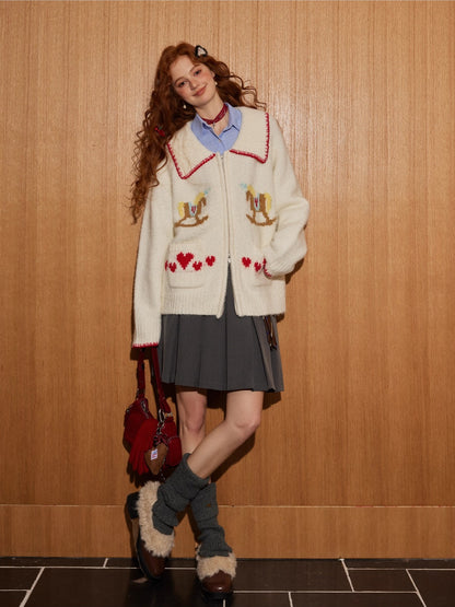 Contrast-Trim Horse Jacquard Knit Zip Cardigan