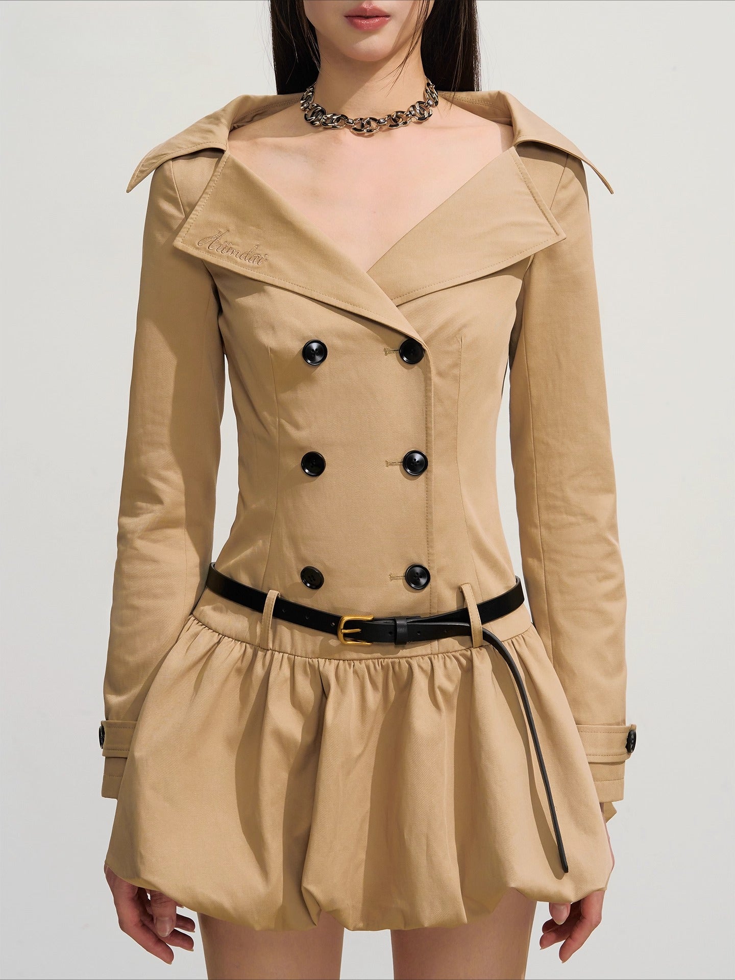 Trench-Style Double-Breasted Waist-Defined Dress