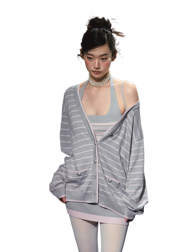 Striped Contrast Cardigan &amp; Tank Dress Set