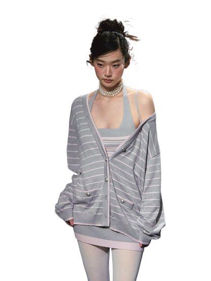 Striped Contrast Cardigan &amp; Tank Dress Set