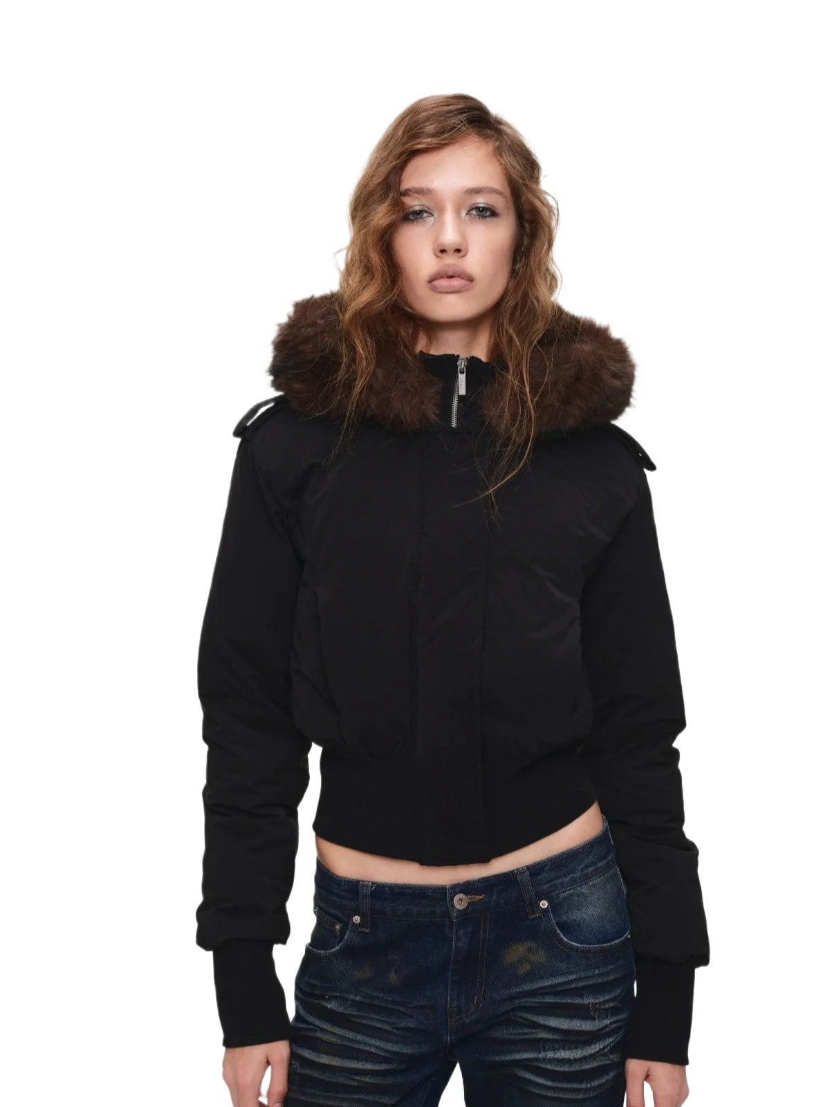 Detachable Faux Fur Ribbed-Waist Down Jacket