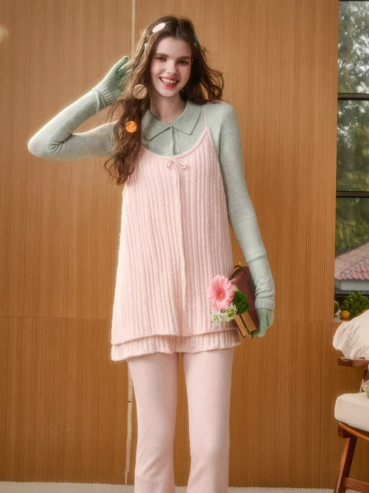 Bow Strap Knit Cami Lace &amp; Pants Set