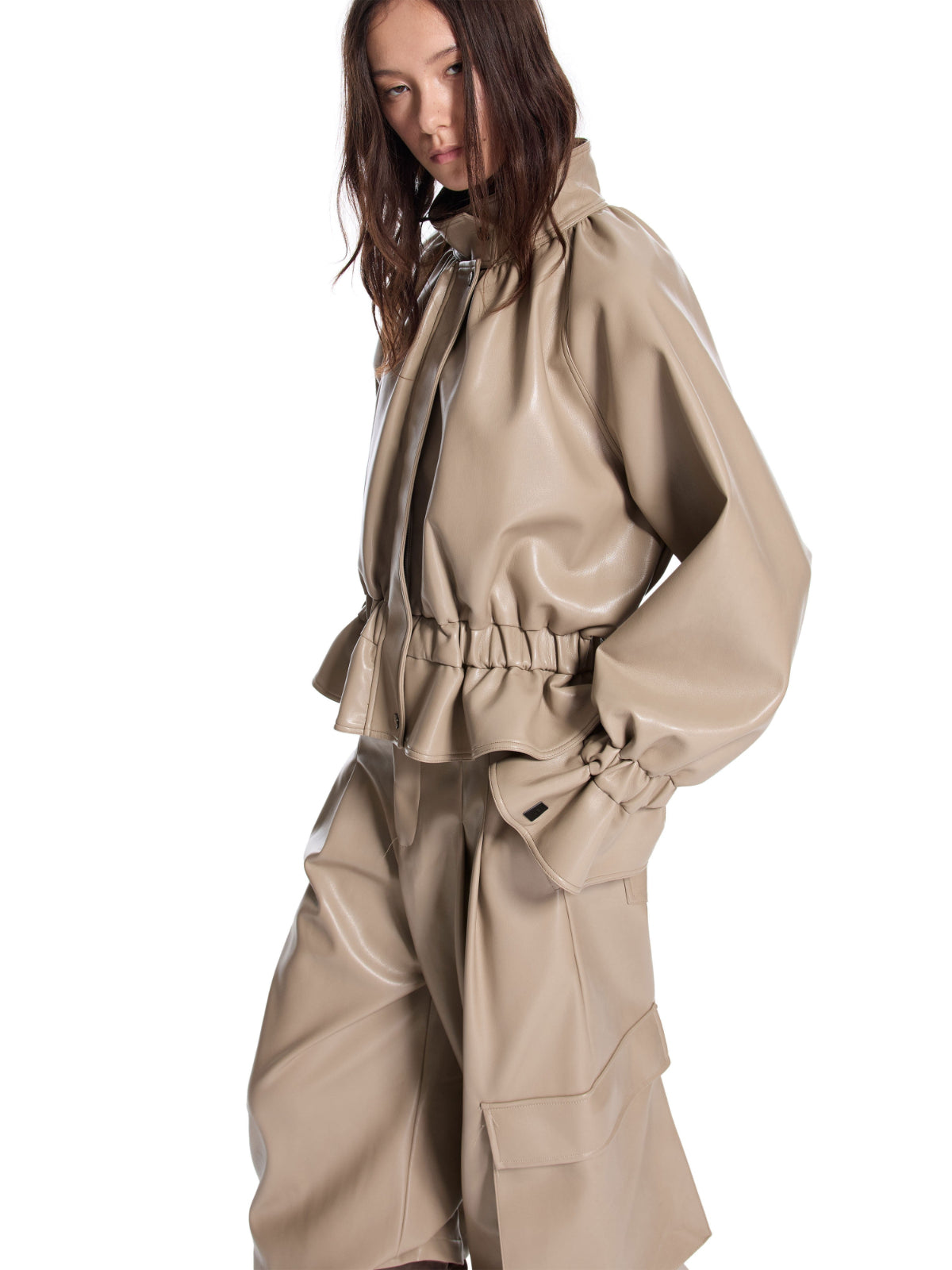 Stand Collar Cropped Leather Jacket