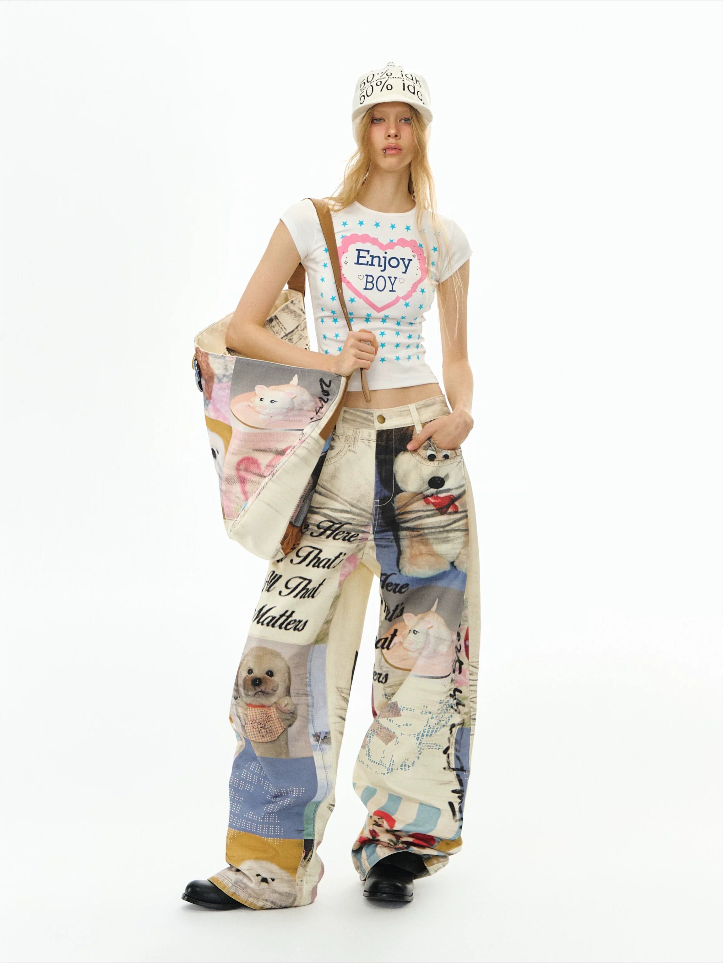 Printed Wide-Leg Denim Jeans