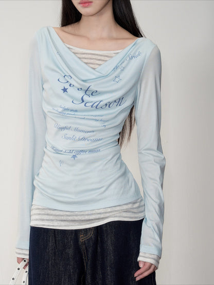Blue &amp; Gray Printed Draped Long-Sleeve T-shirt