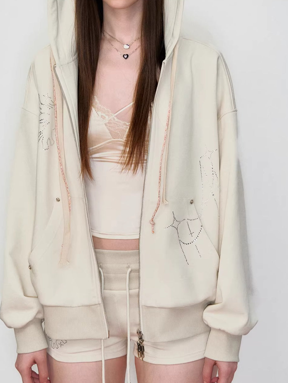 Embroidered Rhinestones Hoodie &amp; Shorts Set