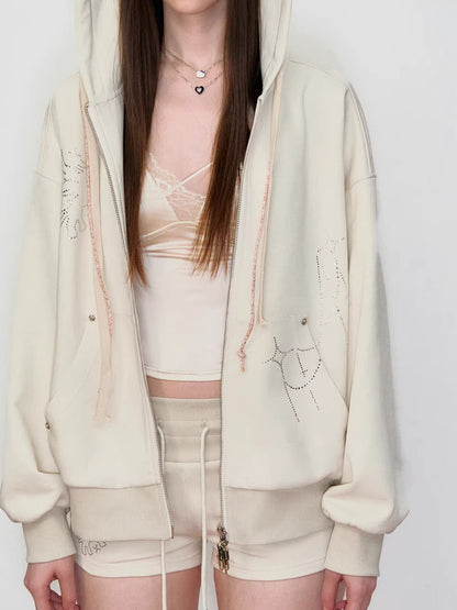 Embroidered Rhinestones Hoodie &amp; Shorts Set