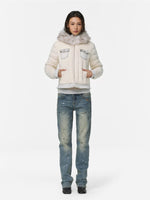 Denim Trim Fur-Collar Down Jacket