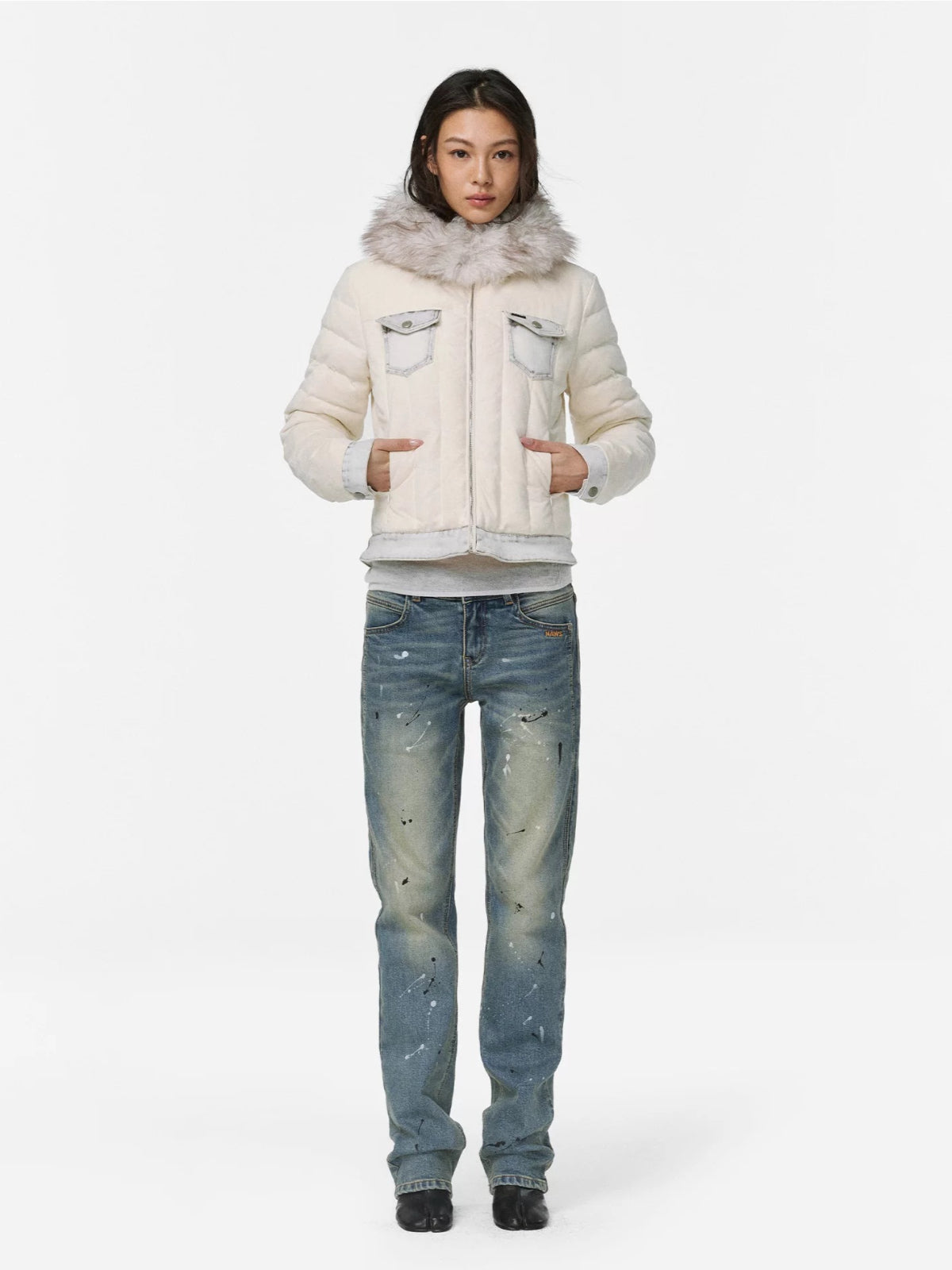Denim Trim Fur-Collar Down Jacket