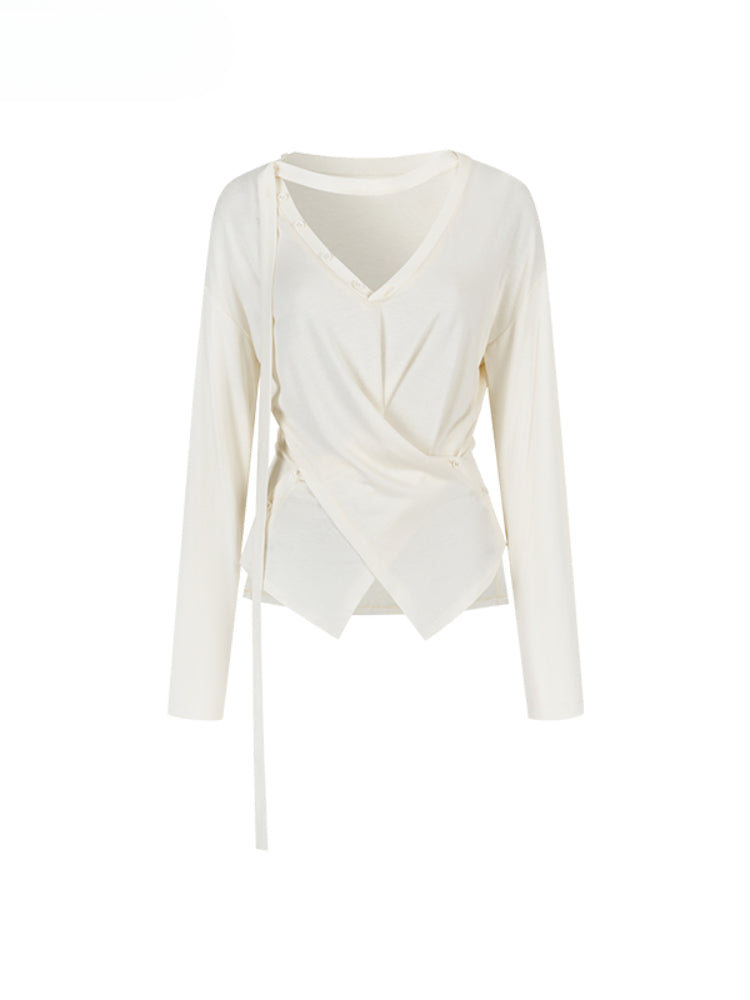 V-Neck Drawstring Waist Buttoned Blouse