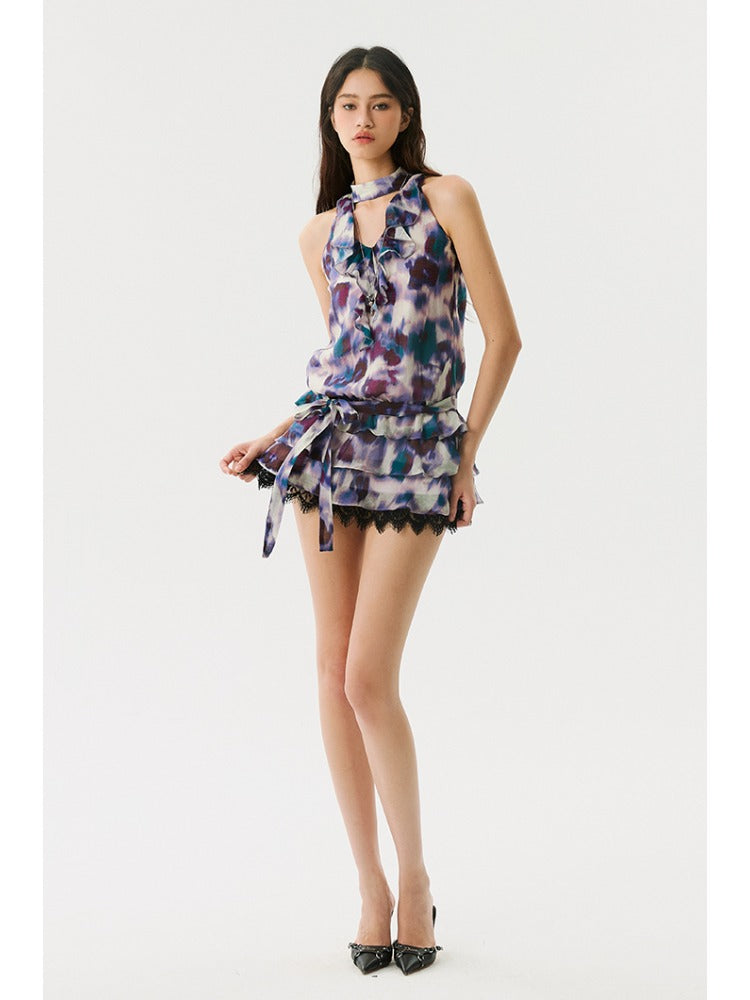 Purple Patterned Halter Lace Dress