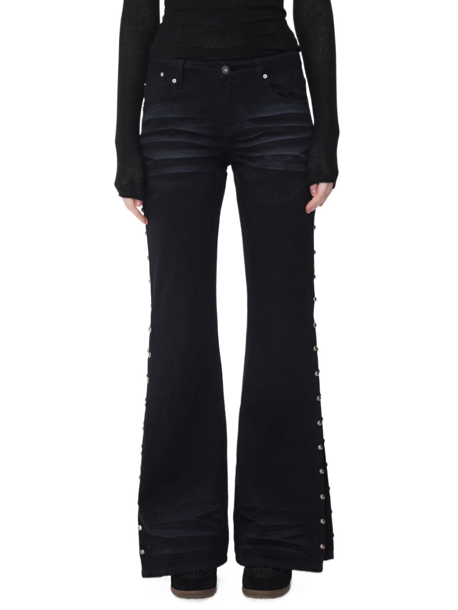 Studded Flared Denim Whisker Detailing Jeans