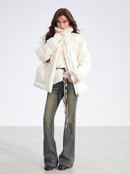 Shearling Patchwork White Down Puffer Jacket