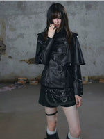 Detachable Cape Belted Leather Jacket