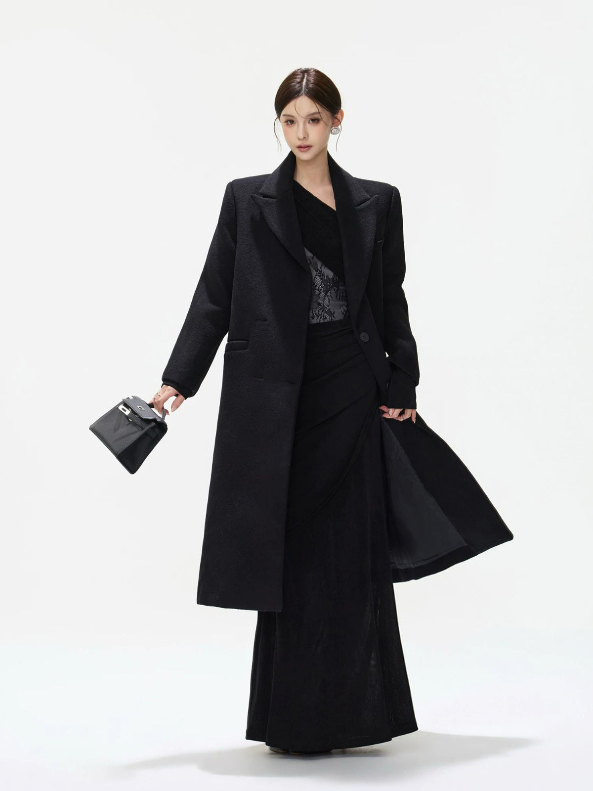 Black Tailored Wool Blend Long Coat