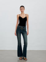 Washed Raw-Edge Belted Flare Jeans
