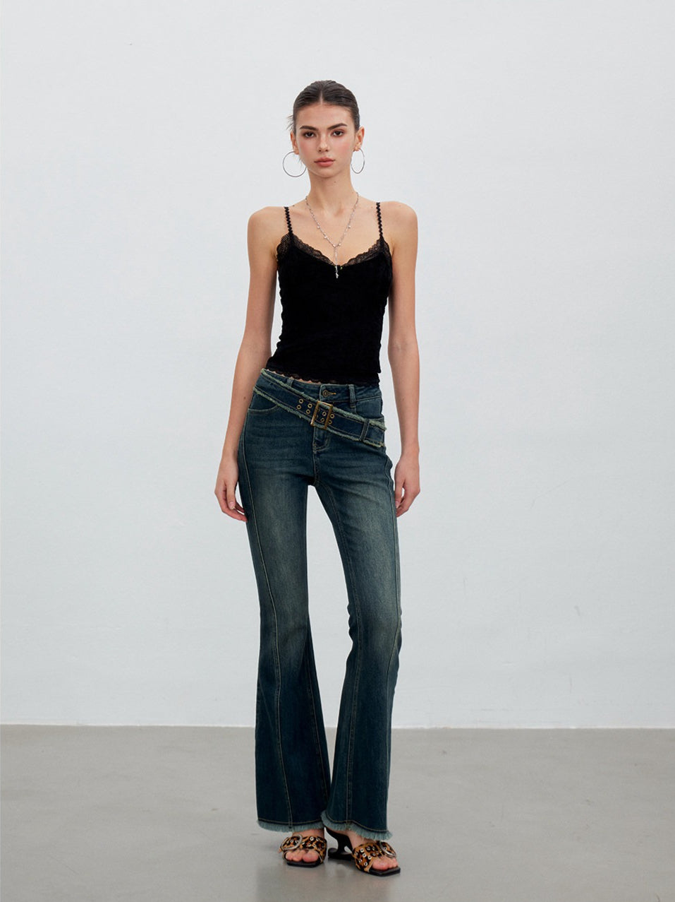 Washed Raw-Edge Belted Flare Jeans