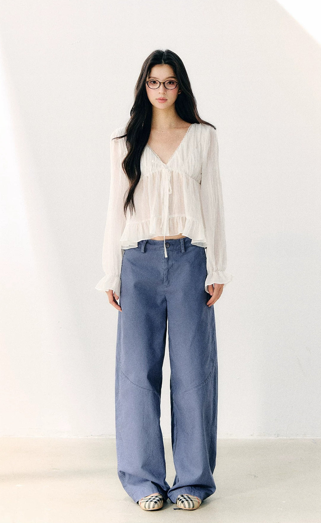 White Ruffle V-neck Blouse