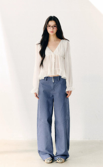 White Ruffle V-neck Blouse