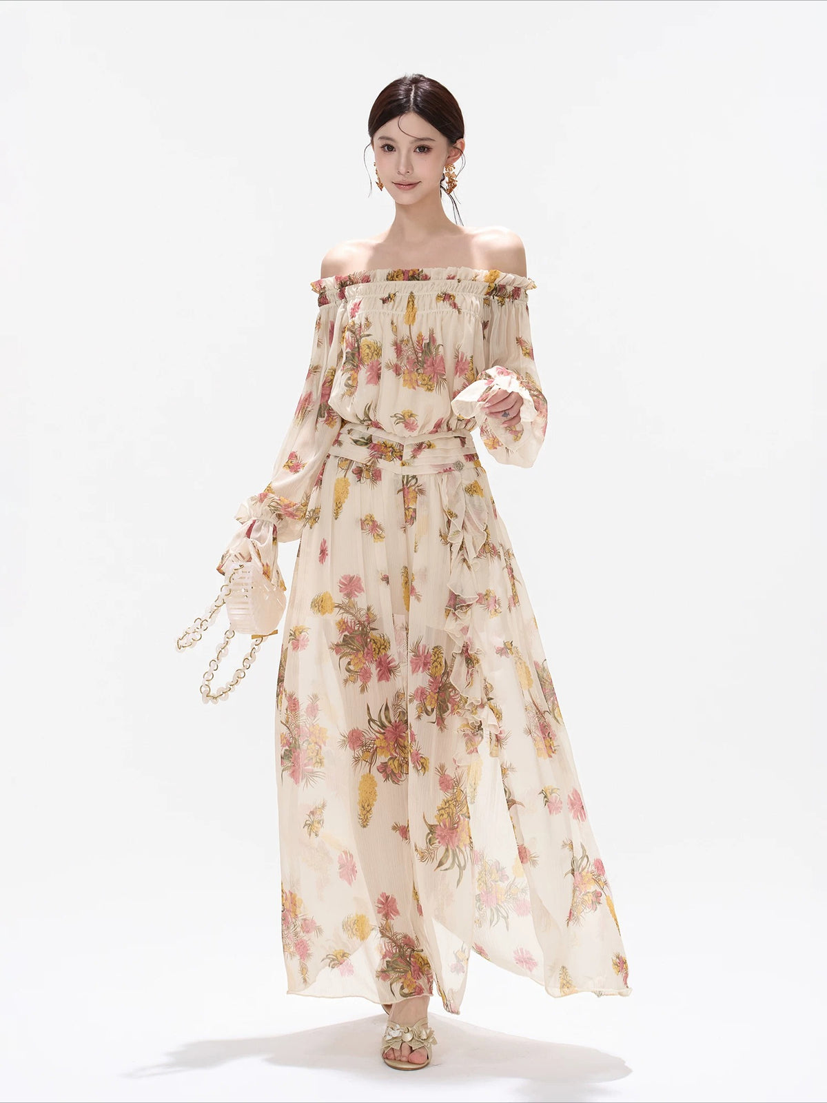 Floral Print Off Shoulder Chiffon Dress