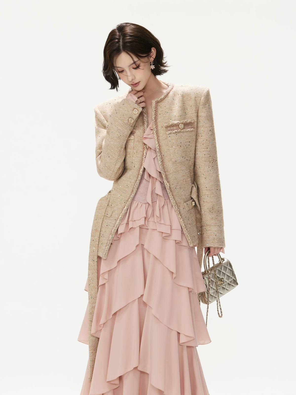 Sequin Tweed Tie Waist Jacket