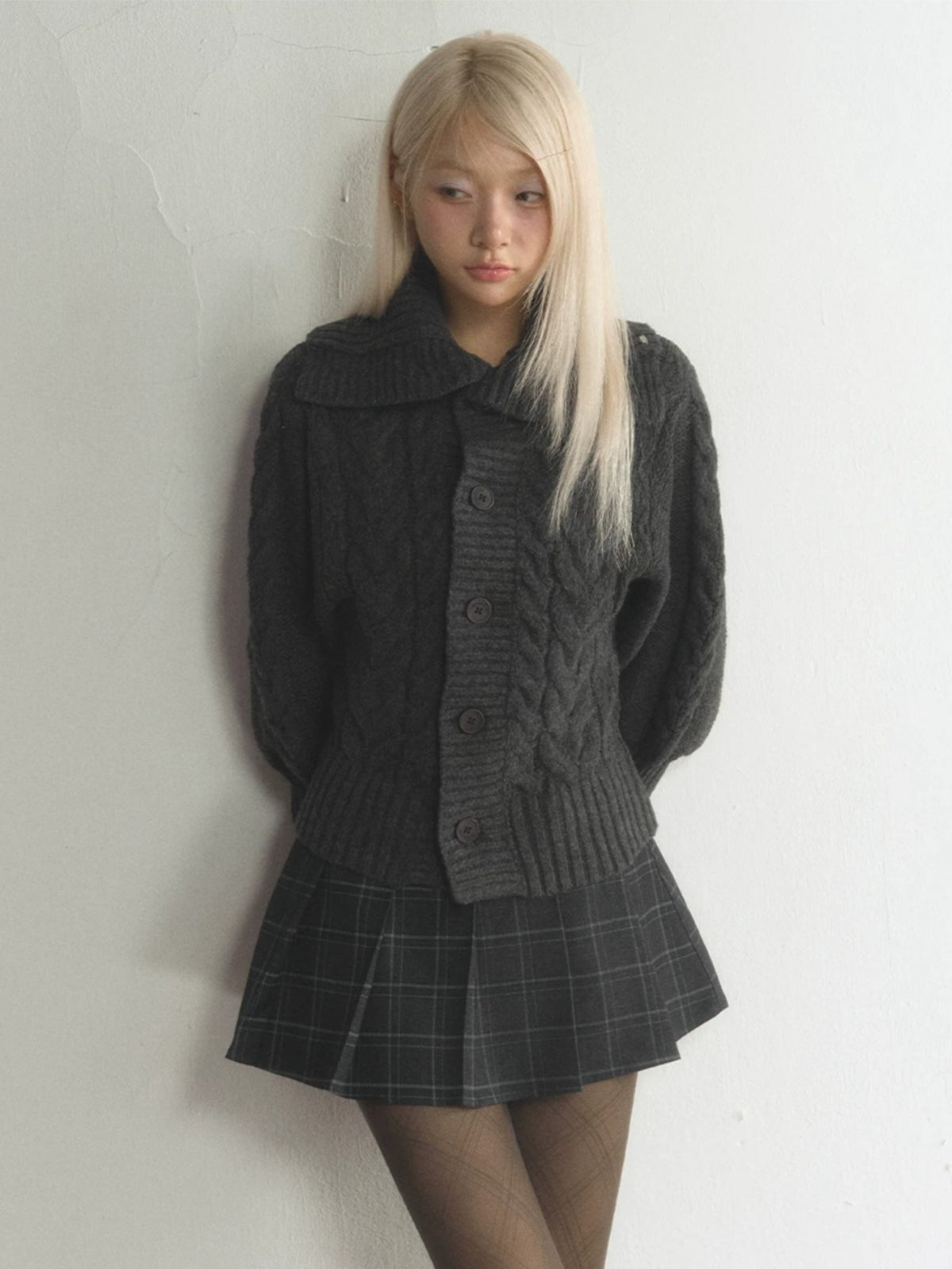 Vintage Oversized Collar Cable-Knit Cardigan