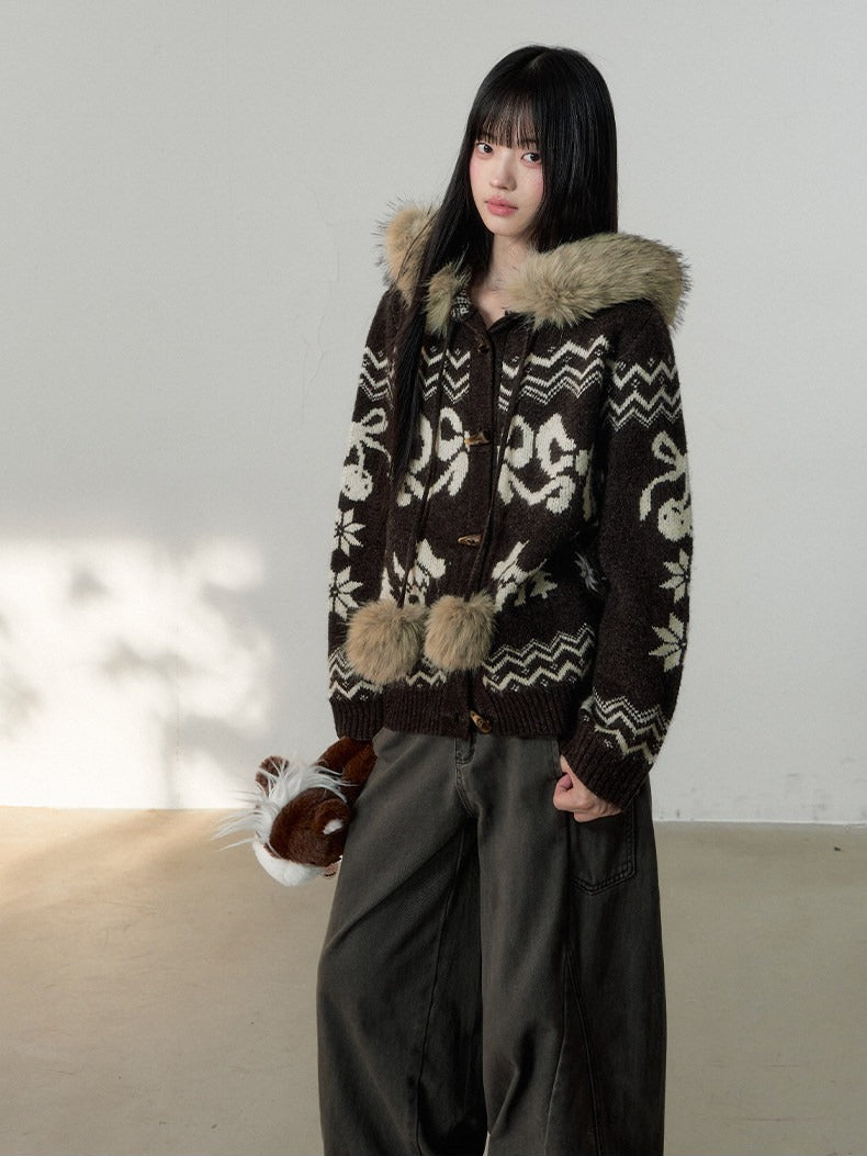 Fair Isle Fur Collar Toggle Knit Coat