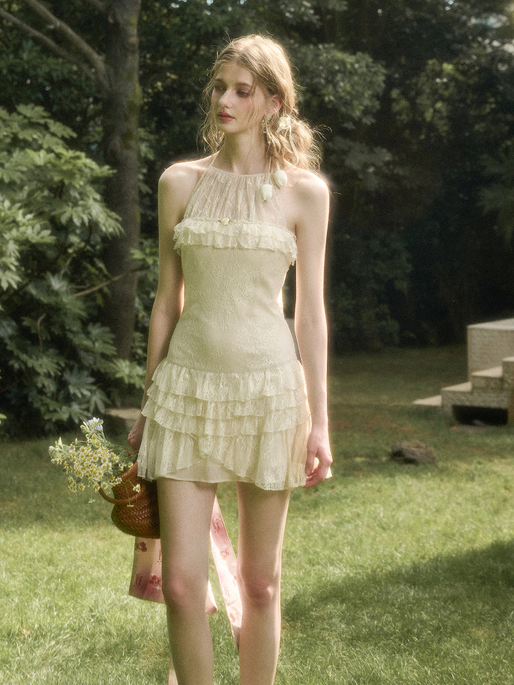 Light White Lace Halter Neck Slip Short Dress