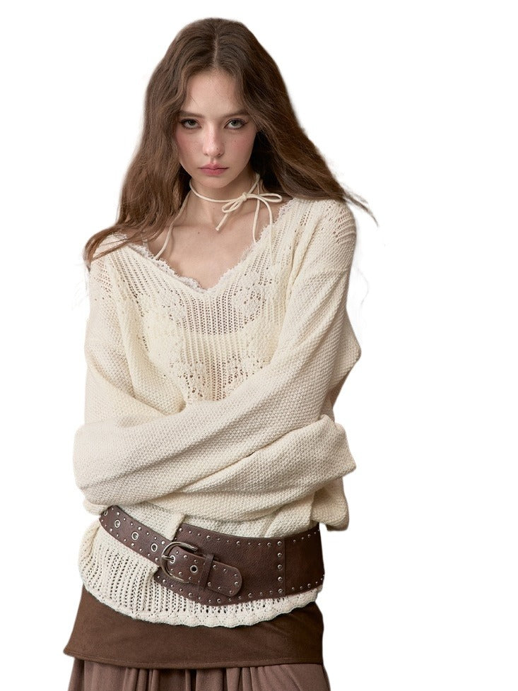 Apricot Lace Trim Knit V-Neck Sweater