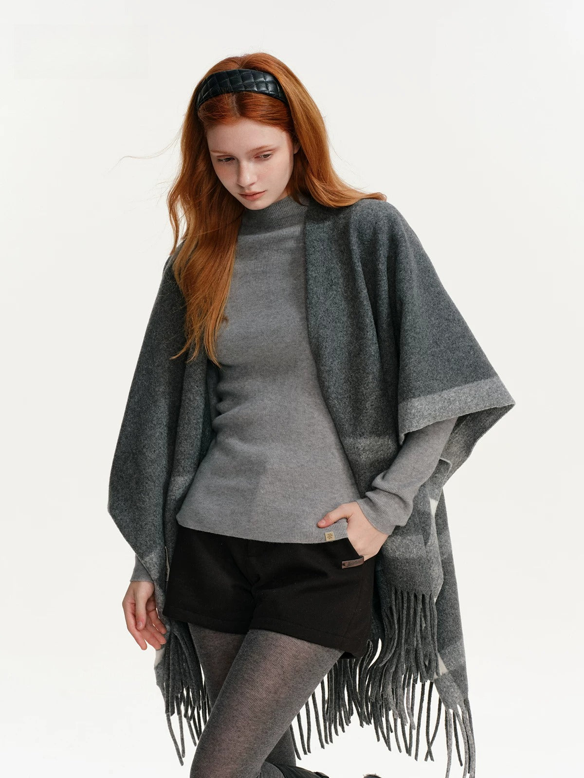 Contrast Plaid Fringed Knit Shawl
