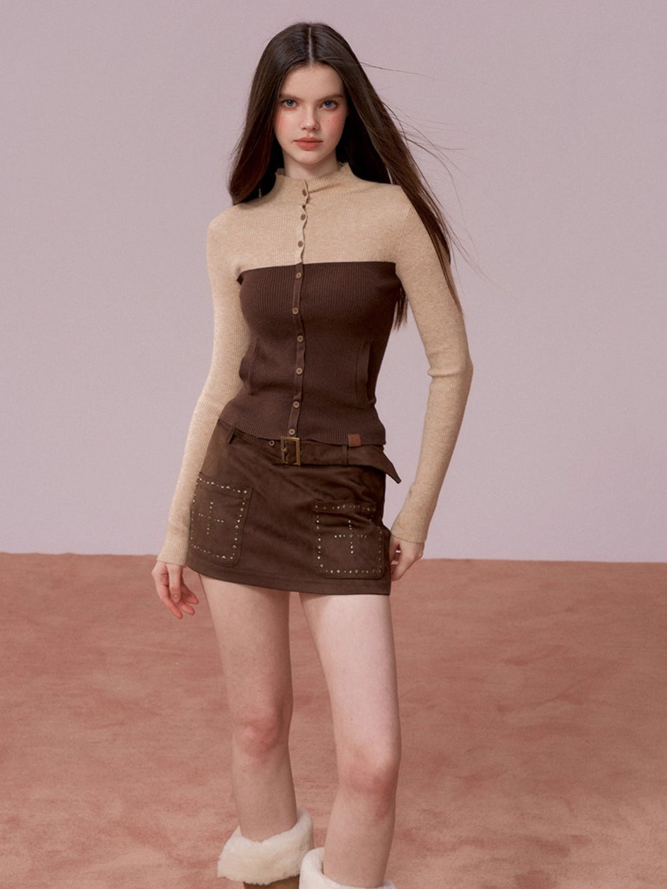 Studded Belt Faux Suede A-Line Skirt