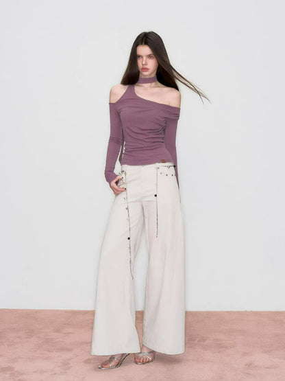 Wave Embroidered Wide-Leg Pants
