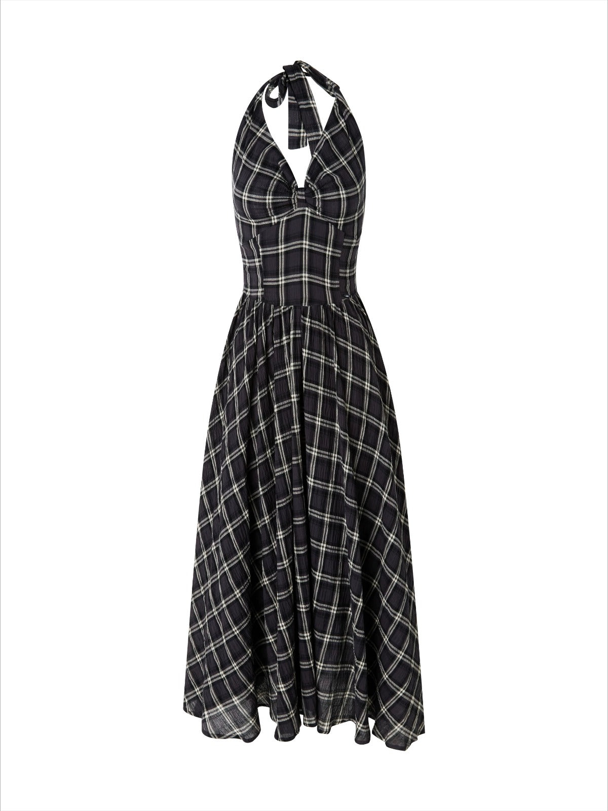 Vintage Plaid Halter Backless Midi Dress