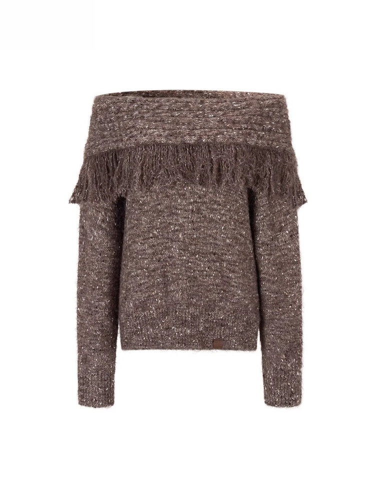 Fringed Off-shoulder Wool Sweater &amp; Scarf Set