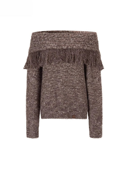 Fringed Off-shoulder Wool Sweater &amp; Scarf Set