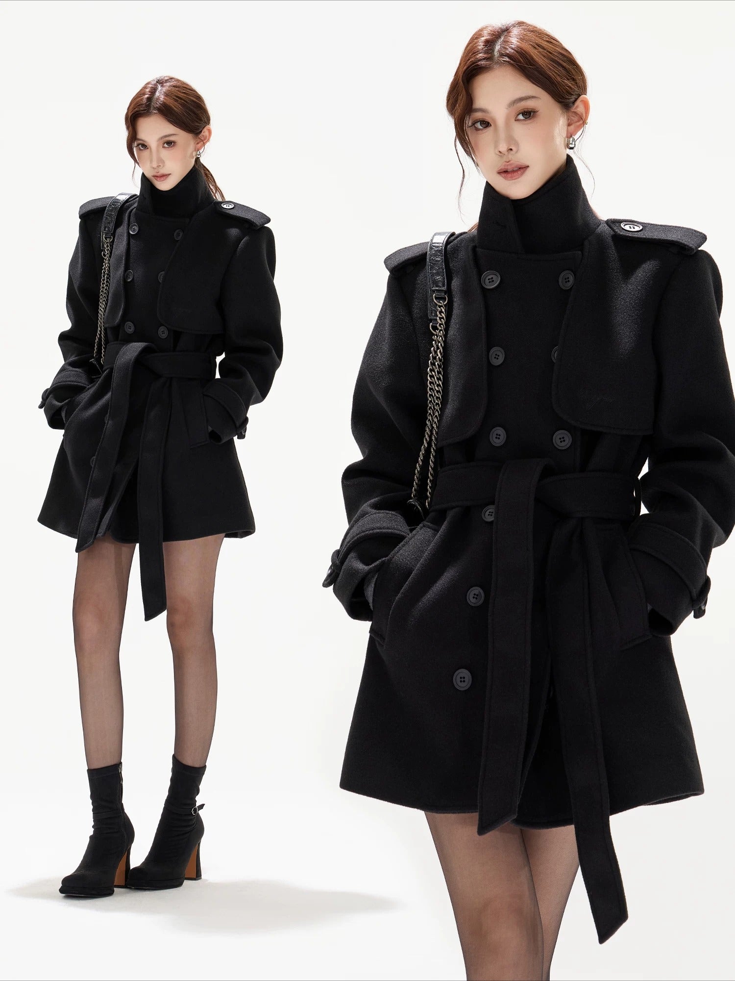 Black Belted Double-Breasted Coat