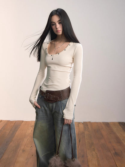 Studded Asymmetric U-Neck Long Sleeve Knit Top