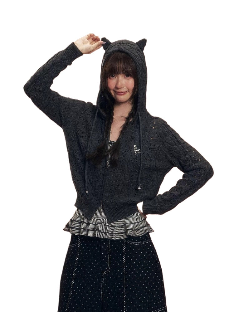 Cat-Ear Cable Knit Hoodie