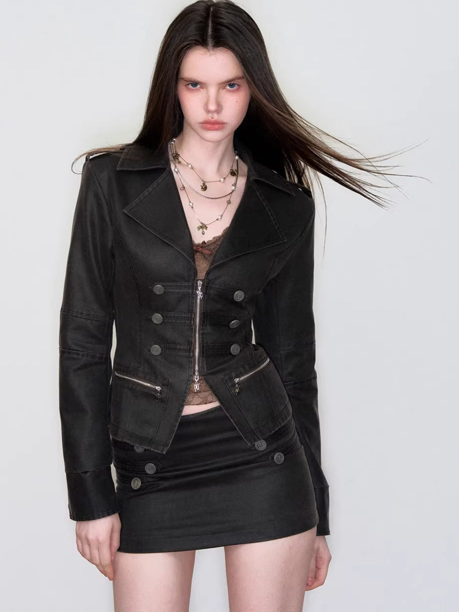 Double-Breasted PU Mini Skirt