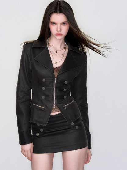 Double-Breasted PU Mini Skirt