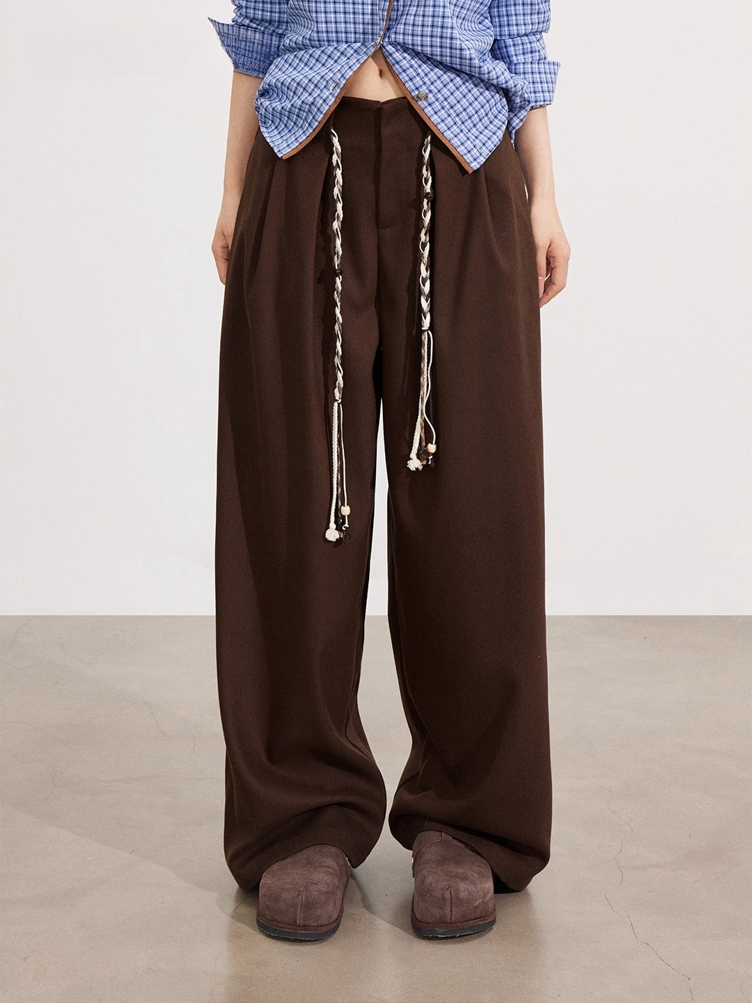 Black &amp; Brown Belted Wool Wide-Leg Pants